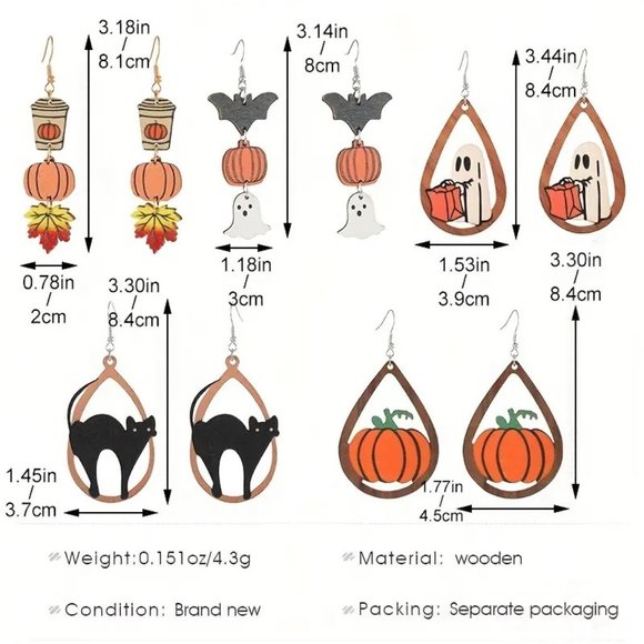 Earrings Ghost Wood Halloween Trick or Treat Dangle Tear Drop Costume Party - Picture 2 of 2